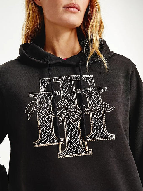 Felpa Donna con cappuccio e monogramma TH Nero TOMMY HILFIGER- Francavilla Moda